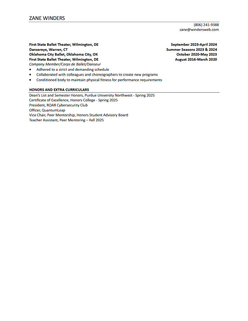 Zane Winders Resume